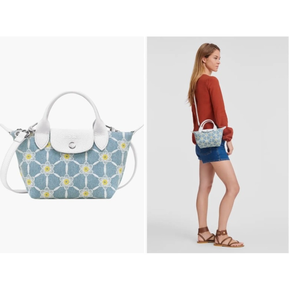 LWOT Longchamp Le Pliage Extra Daisy Embroidered Denim Mini Bag L1500HEW028